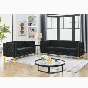 English Elm 3-Seater Black Velvet Sofa Set - Luxurious 3 & 2-Seater Combination For Modern Living Rooms! W834S00157