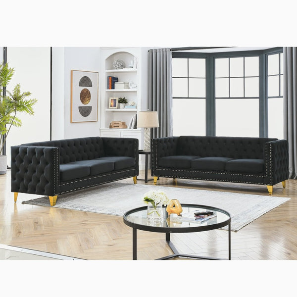 English Elm {Contact} Luxurious Black Velvet Chesterfield Sofa With Button Tufting & Metal Legs For Modern Living Rooms W834S00161-GIGA