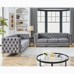 English Elm {Contact} Elegant Grey Velvet Chesterfield Sofa With Button Tufting & Metal Legs For Chic Interiors W834S00162-GIGA