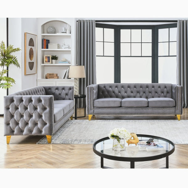 English Elm {Contact} Elegant Grey Velvet Chesterfield Sofa With Button Tufting & Metal Legs For Chic Interiors W834S00162-GIGA