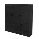 English Elm Versatile Tipping Bucket Shoe Cabinet With 3 Flip Drawers, Maximum Storage Entryway Organizer With Drawer, Free Standing Shoe Rack With Pull-Down Seat For Hallway, Black