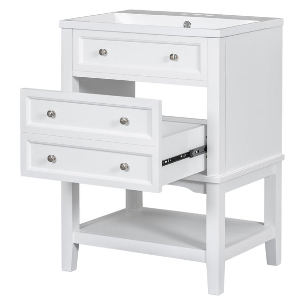 English Elm 24" Modern Bathroom Vanity with Ceramic Sink, Solid Wood Frame, Drawer & Open Shelf, White Finish SY999991AAK