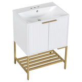 English Elm 24" Bathroom Vanity With Sink, Bathroom Vanity Cabinet With Two Doors and Gold Metal Frame, Open Storage Shelf, White