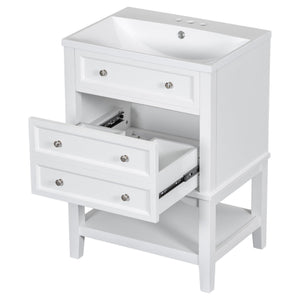 English Elm 24" Bathroom Vanity with Sink Solid Wood Frame White | Modern 1-Drawer Cabinet & Open Shelf, Ceramic Top N725P246479K
