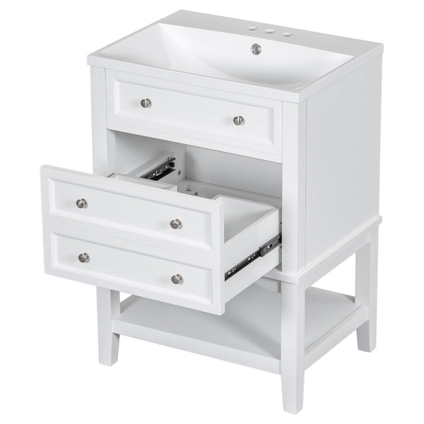 English Elm 24" Modern Bathroom Vanity with Ceramic Sink, Solid Wood Frame, Drawer & Open Shelf, White Finish SY999991AAK