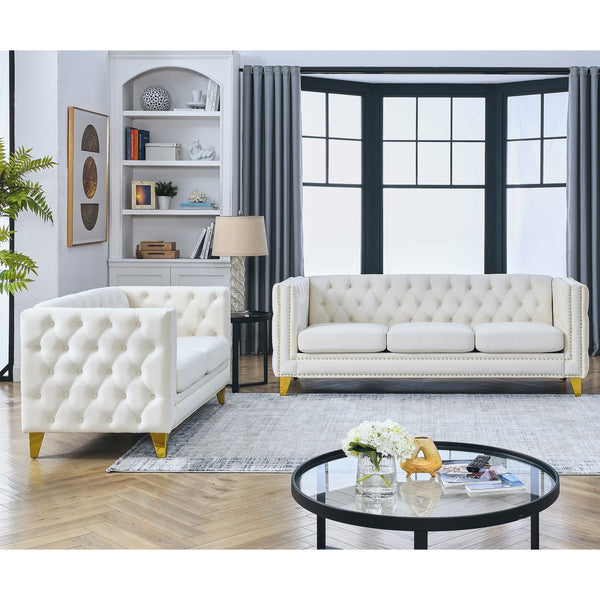 English Elm 3-Seater Elegant Beige Velvet Sofa Set - Modern 2-Seater & 3-Seater Combo For Stylish Living Rooms W834S00158