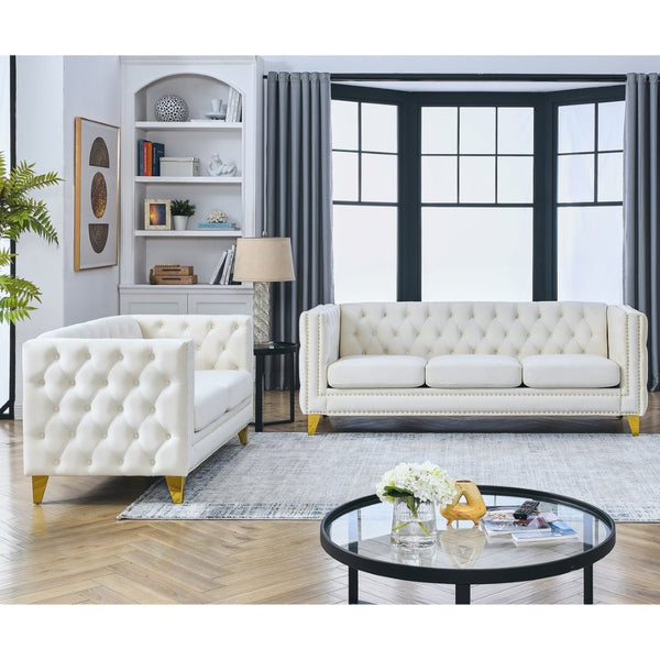 English Elm 3-seater and 2-seater Chesterfield Sofa Set Tufted Velvet Nailhead Living Room W834S00609