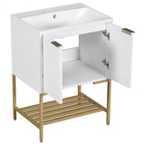 English Elm 24" Bathroom Vanity With Sink, Bathroom Vanity Cabinet With Two Doors and Gold Metal Frame, Open Storage Shelf, White