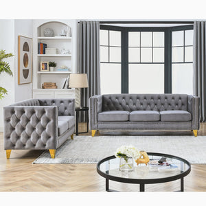 English Elm 3-Seater Elegant Grey Velvet Combination Sofa Set For Modern Living Spaces, Plush Comfort & Style W834S00159
