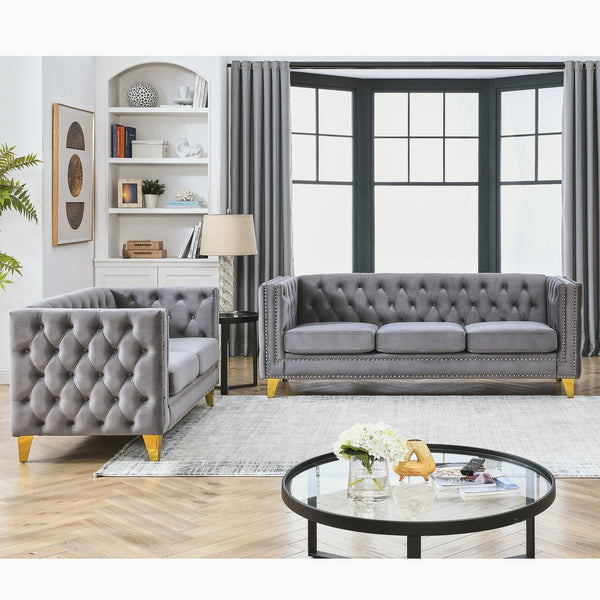 English Elm 3-Seater Elegant Grey Velvet Combination Sofa Set For Modern Living Spaces, Plush Comfort & Style W834S00159