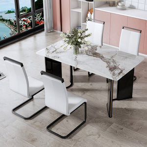 Hearth and Haven Table and Chair Set. a White Imitation Marble Desktop with Mdf Legs and Gold Metal Decorative Strips. Paired with 4 Dining Chairs with White Backrest and Black Metal Legs.F-Hh C-1162 W1151S00464
