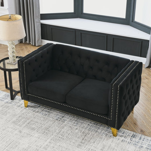 English Elm {contact Us for Tufted Velvet Two Seat Sofa with Nailhead Trim and Polished Metal Legs Black W834S00571