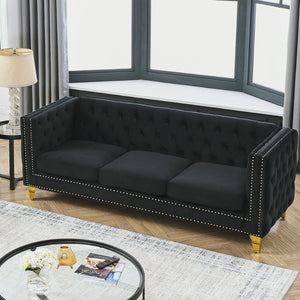 English Elm {Contact} Elegant Black Velvet Sofa For Living Room, 3-Person Tufted Couch With Metal Legs & Style W834S00122-GIGA