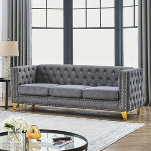 English Elm {contact Us for 3d Modeling} Grey Velvet Chesterfield Sofa Tufted Button Arms Copper Nailhead Gray W834S00570