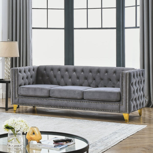 English Elm {contact Us for 3d Modeling} Grey Velvet Chesterfield Sofa Tufted Button Arms Copper Nailhead Gray W834S00570