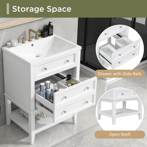 English Elm 24" Modern Solid Wood Bathroom Vanity Base with Drawer & Open Shelf, White Painted Freestanding Cabinet 90-inch WF306247AAK