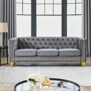 English Elm {contact Us for 3d Modeling} Grey Velvet Chesterfield Sofa Tufted Button Arms Copper Nailhead Gray W834S00570