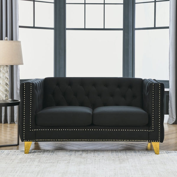 English Elm {contact Us for Tufted Velvet Two Seat Sofa with Nailhead Trim and Polished Metal Legs Black W834S00571