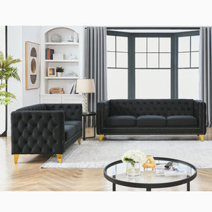 English Elm 3-Seater Black Velvet Sofa Set - Luxurious 3 & 2-Seater Combination For Modern Living Rooms! W834S00157