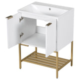 English Elm 24" Bathroom Vanity With Sink, Bathroom Vanity Cabinet With Two Doors and Gold Metal Frame, Open Storage Shelf, White