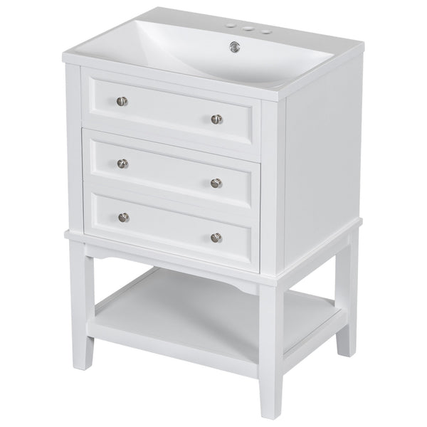 English Elm 24" Bathroom Vanity with Sink Solid Wood Frame White | Modern 1-Drawer Cabinet & Open Shelf, Ceramic Top N725P246479K