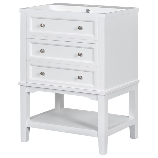 English Elm 24" Bathroom Vanity with Sink Solid Wood Frame White | Modern 1-Drawer Cabinet & Open Shelf, Ceramic Top N725P246479K