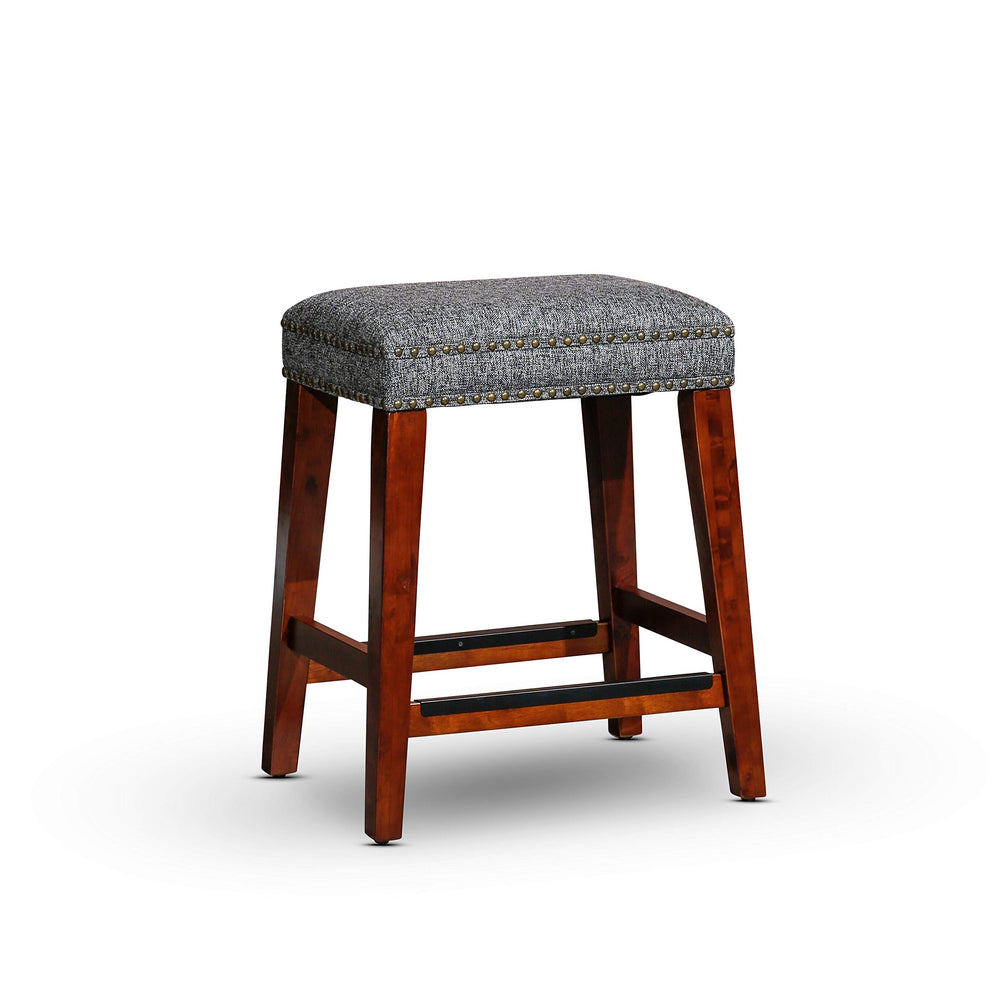 English Elm 24" Grand Lake Backless Counter Stool with Tweed Seat, Nailhead Trim & Sturdy Elegant Wood Base B046125047