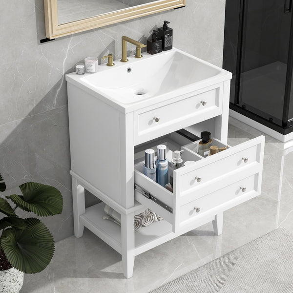 English Elm 24" Bathroom Vanity with Sink Solid Wood Frame White | Modern 1-Drawer Cabinet & Open Shelf, Ceramic Top N725P246479K