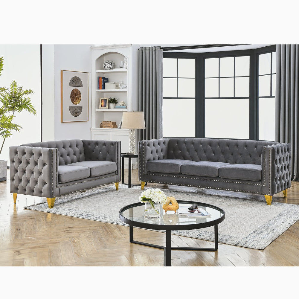 English Elm 3-Seater Elegant Grey Velvet Combination Sofa Set For Modern Living Spaces, Plush Comfort & Style W834S00159