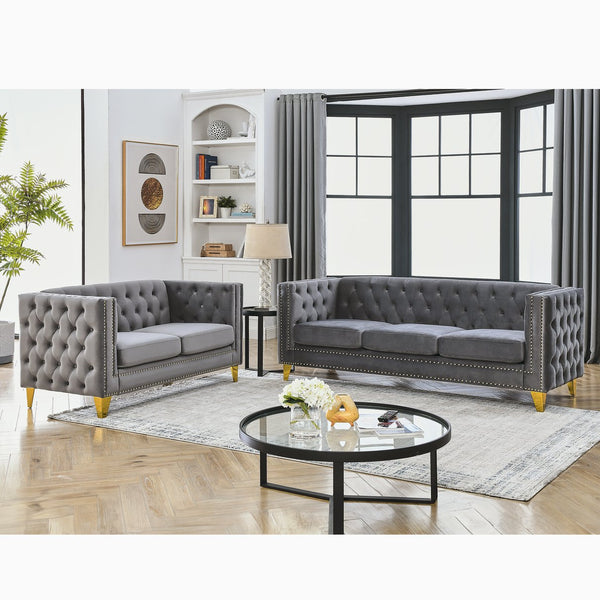 English Elm 3-Seater Elegant Grey Velvet Combination Sofa Set For Modern Living Spaces, Plush Comfort & Style W834S00159