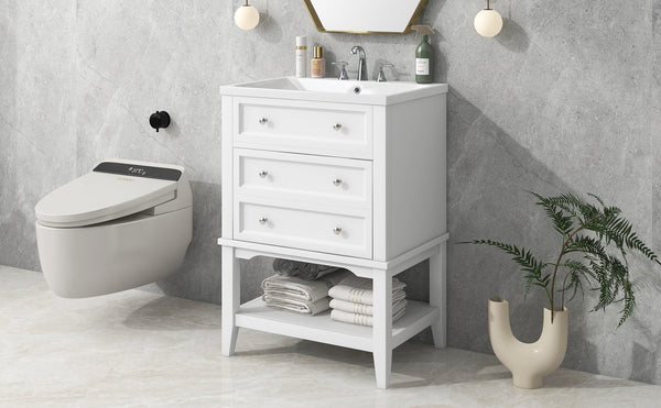 English Elm 24" Modern Bathroom Vanity with Ceramic Sink, Solid Wood Frame, Drawer & Open Shelf, White Finish SY999991AAK