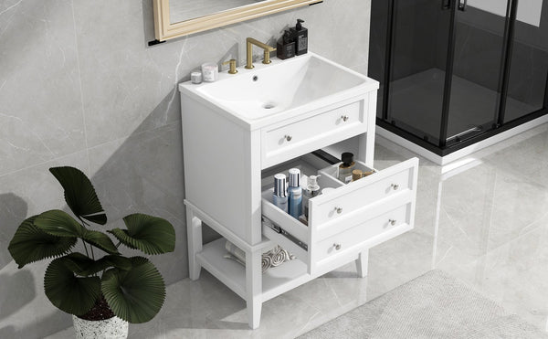 English Elm 24" Modern Bathroom Vanity with Ceramic Sink, Solid Wood Frame, Drawer & Open Shelf, White Finish SY999991AAK
