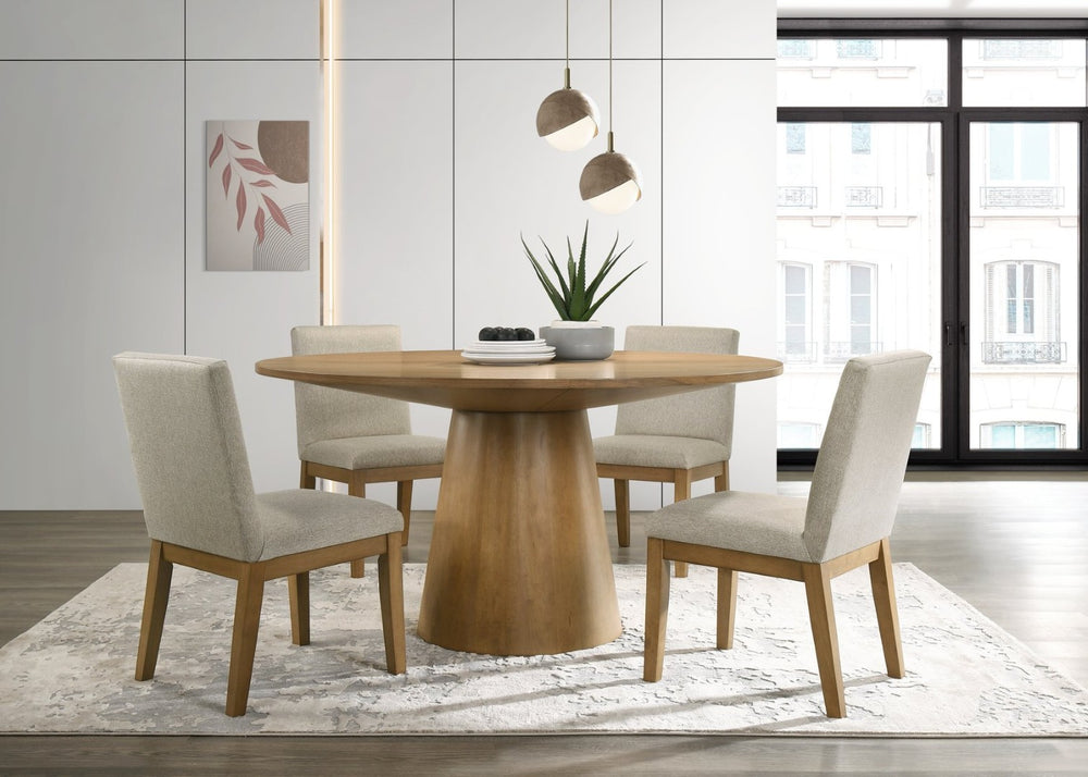 English Elm Jasper Round Pedestal Dining Set Seats Four with Driftwood Wood and Beige Fabric B061S00722
