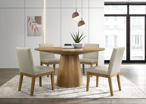 English Elm Jasper Round Pedestal Dining Set Seats Four with Driftwood Wood and Beige Fabric B061S00722