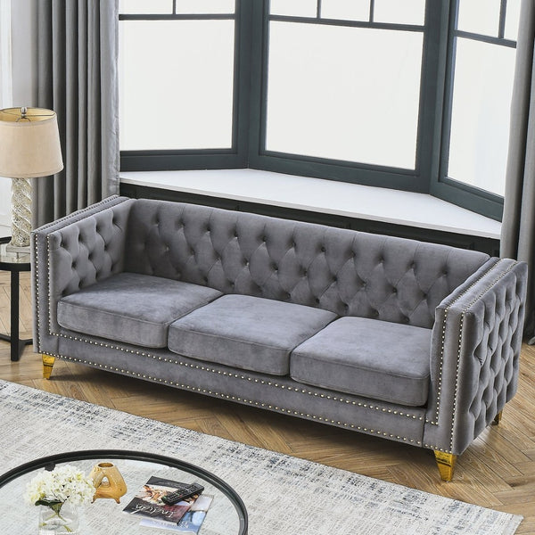 English Elm {contact Us for 3d Modeling} Grey Velvet Chesterfield Sofa Tufted Button Arms Copper Nailhead Gray W834S00570