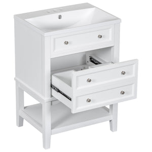 English Elm 24" Modern Bathroom Vanity with Ceramic Sink, Solid Wood Frame, Drawer & Open Shelf, White Finish SY999991AAK