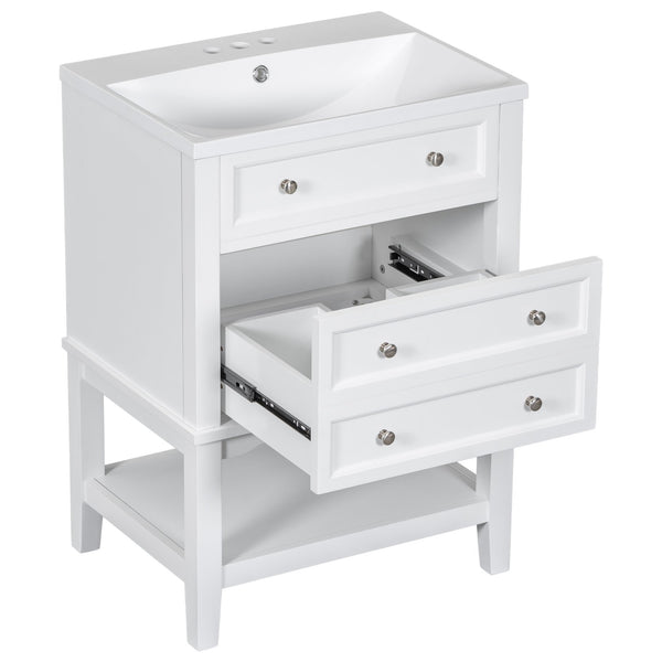 English Elm 24" Modern Bathroom Vanity with Ceramic Sink, Solid Wood Frame, Drawer & Open Shelf, White Finish SY999991AAK