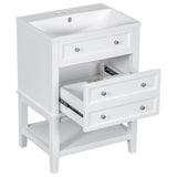 English Elm 24" Bathroom Vanity With Sink, Bathroom Storage Cabinet With Drawer and Open Shelf, Solid Wood Frame, White