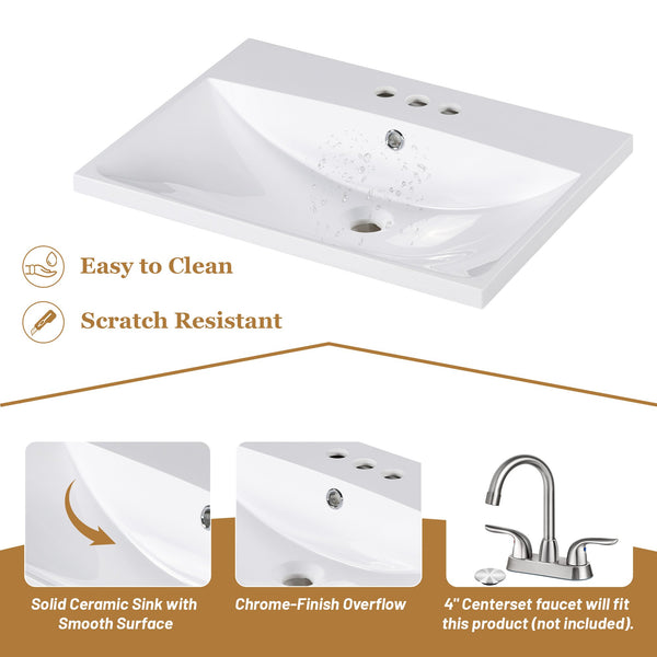 English Elm 24" Modern Bathroom Vanity with Ceramic Sink, Solid Wood Frame, Drawer & Open Shelf, White Finish SY999991AAK
