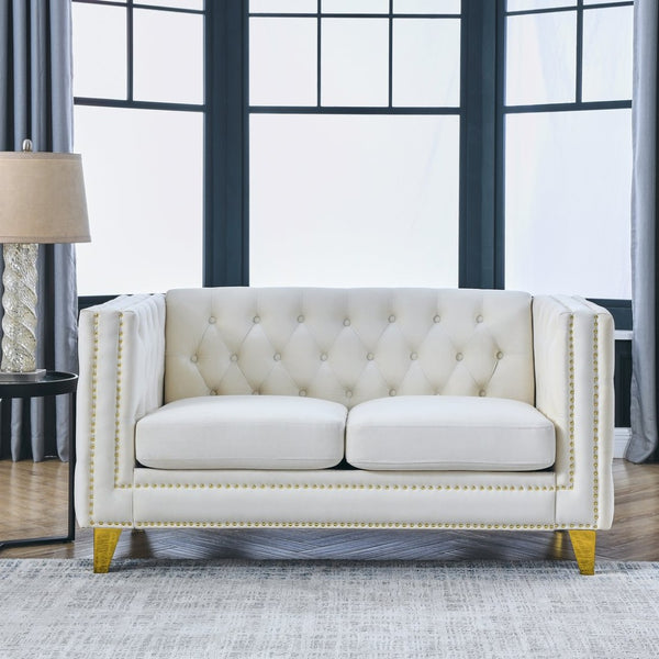 English Elm {contact Us for Tufted Velvet Two Seat Sofa with Nailhead Trim and Polished Metal Legs Beige W834S00573