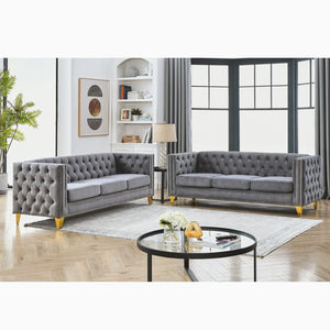 English Elm {Contact} Elegant Grey Velvet Chesterfield Sofa With Button Tufting & Metal Legs For Chic Interiors W834S00162-GIGA