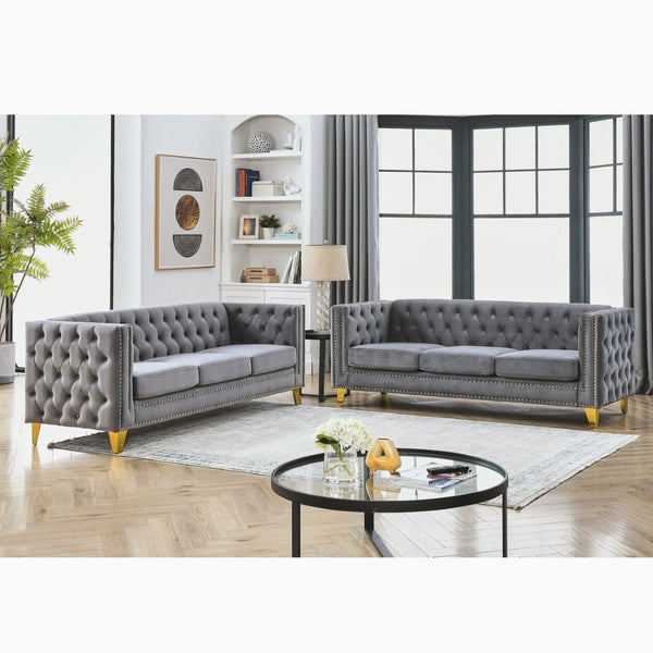 English Elm {Contact} Elegant Grey Velvet Chesterfield Sofa With Button Tufting & Metal Legs For Chic Interiors W834S00162-GIGA