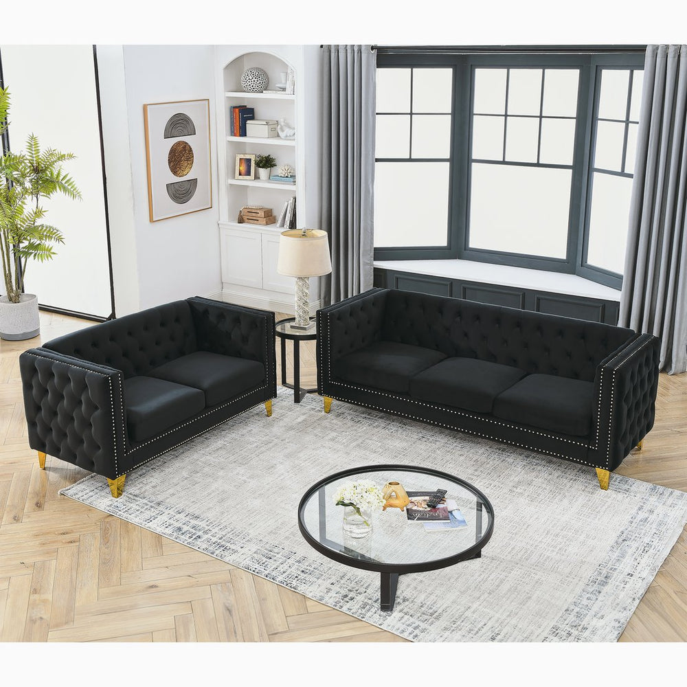 English Elm 3-Seater Black Velvet Sofa Set - Luxurious 3 & 2-Seater Combination For Modern Living Rooms! W834S00157