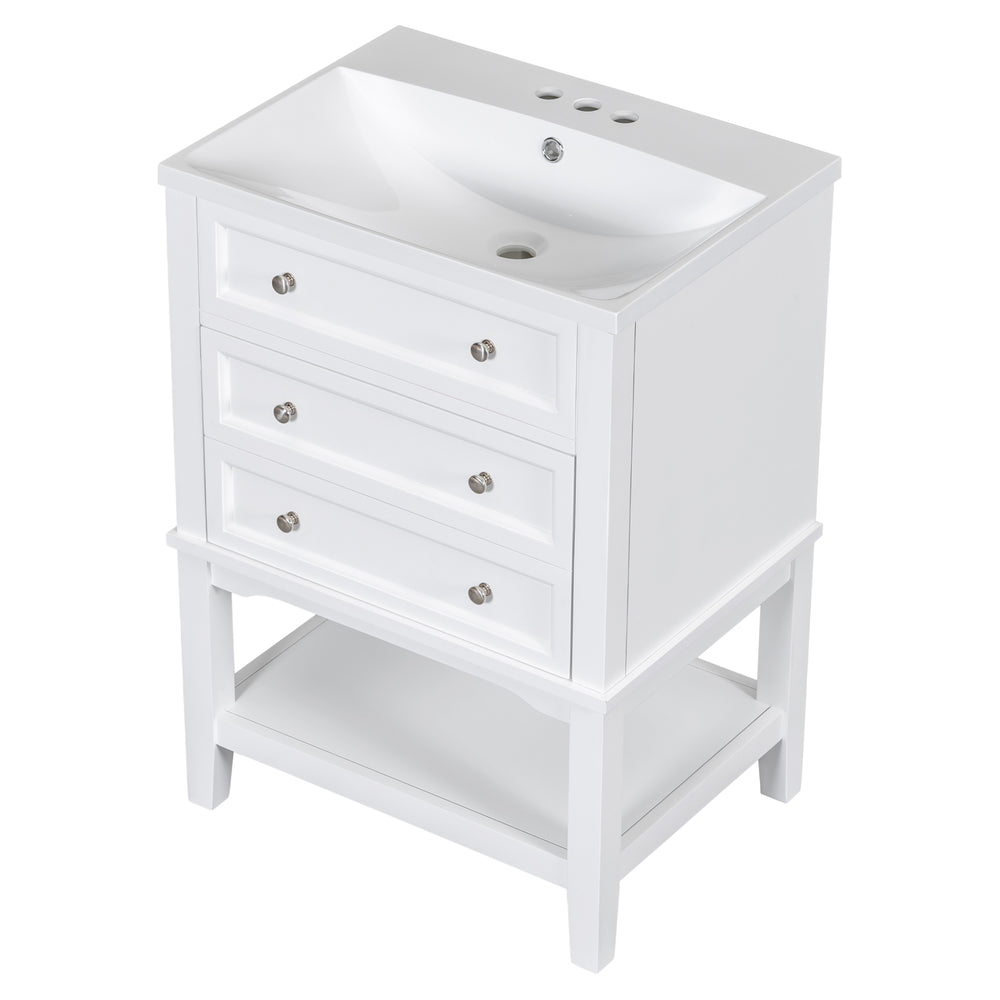 English Elm 24" Bathroom Vanity with Sink Solid Wood Frame White | Modern 1-Drawer Cabinet & Open Shelf, Ceramic Top N725P246479K