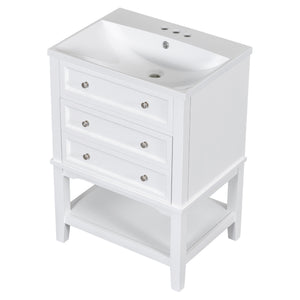 English Elm 24" Bathroom Vanity with Sink Solid Wood Frame White | Modern 1-Drawer Cabinet & Open Shelf, Ceramic Top N725P246479K