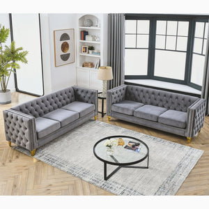 English Elm {Contact} Elegant Grey Velvet Chesterfield Sofa With Button Tufting & Metal Legs For Chic Interiors W834S00162-GIGA