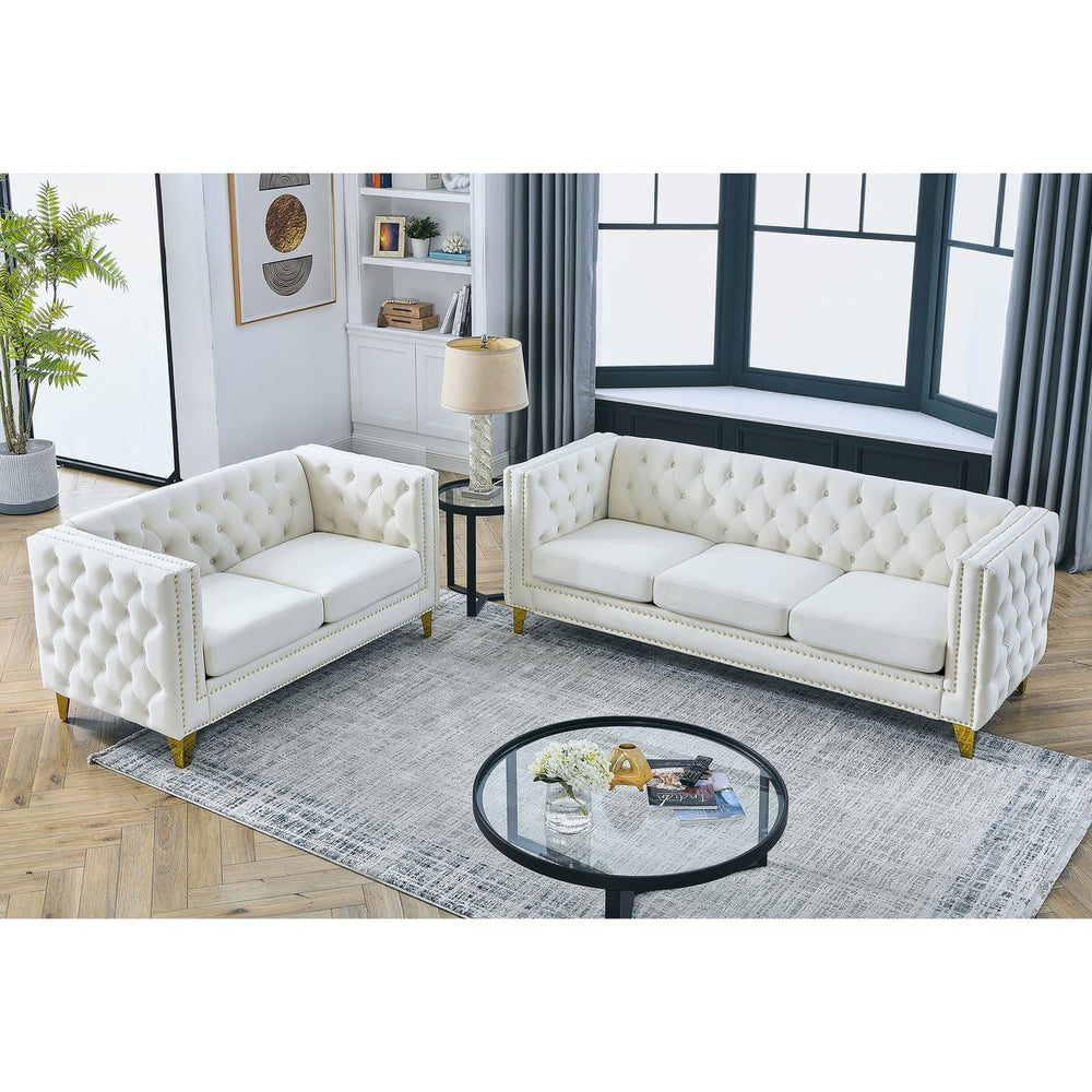 English Elm 3-Seater Elegant Beige Velvet Sofa Set - Modern 2-Seater & 3-Seater Combo For Stylish Living Rooms W834S00158