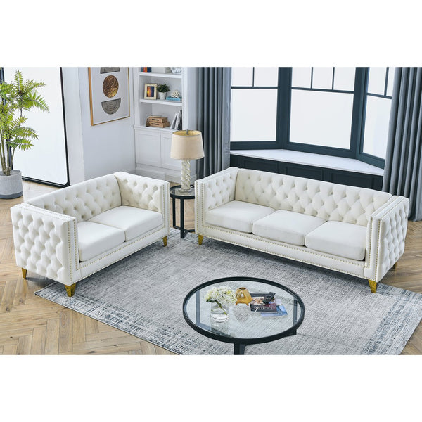 English Elm 3-Seater Elegant Beige Velvet Sofa Set - Modern 2-Seater & 3-Seater Combo For Stylish Living Rooms W834S00158