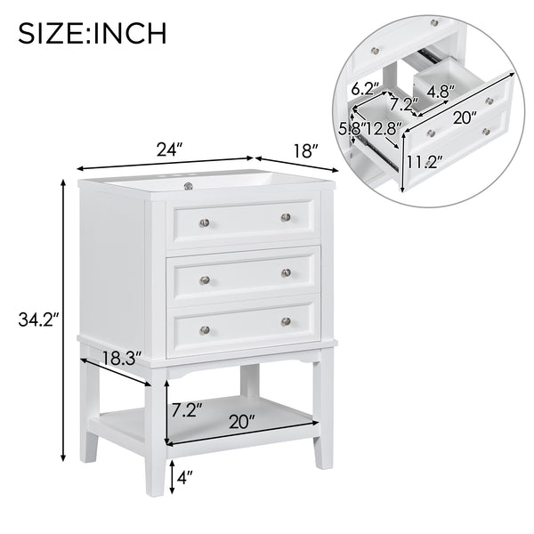 English Elm 24" Modern Bathroom Vanity with Ceramic Sink, Solid Wood Frame, Drawer & Open Shelf, White Finish SY999991AAK