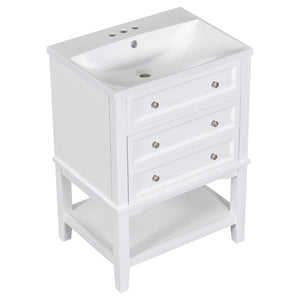 English Elm 24" Bathroom Vanity with Sink Solid Wood Frame White | Modern 1-Drawer Cabinet & Open Shelf, Ceramic Top N725P246479K